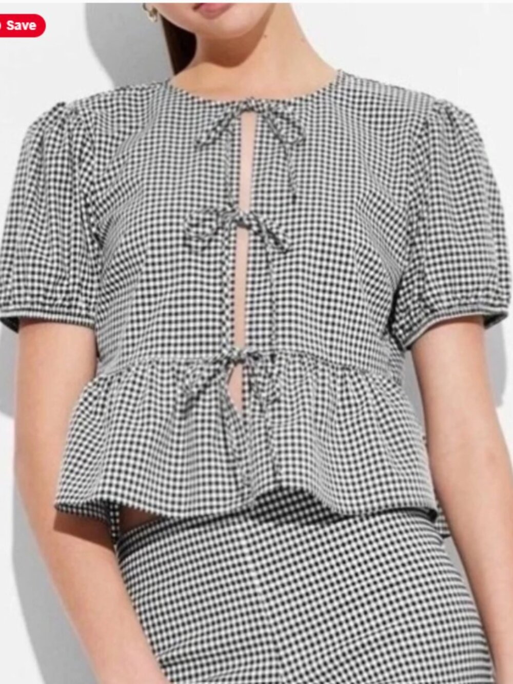 Wild Fable Black White Gingham Tie Front Peplum Puff Sleeve Blouse, Sz Small